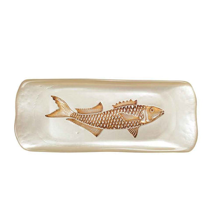 Vanille -rechteckiges Gericht mit goldenem Fisch 31,7x12,7 cm AULICA