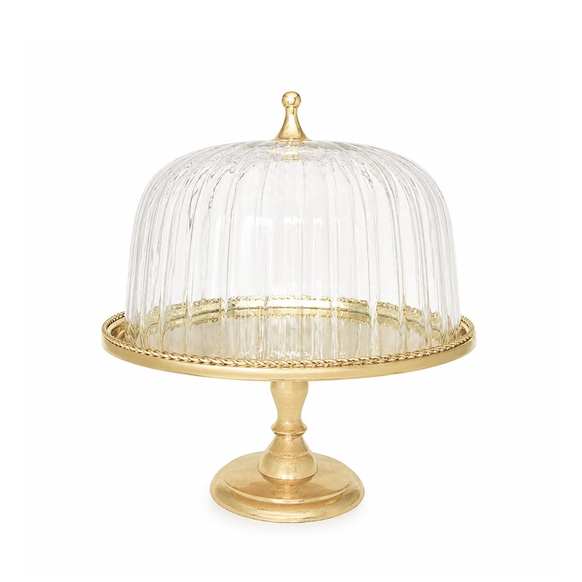 Kuchenform auf Fuß mit transparenter und goldener Glocke