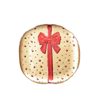 Goldener flacher Teller mit rotem Schmetterlingsknoten 21x21x2cm