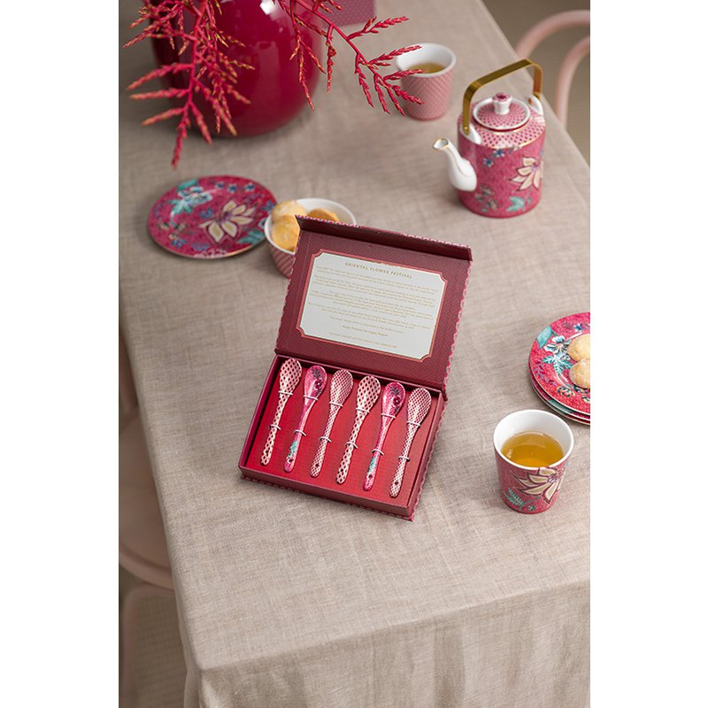 Giftset Teaspoons Oriental Flower Festival Dark Pink 13cm - Pimis Living
