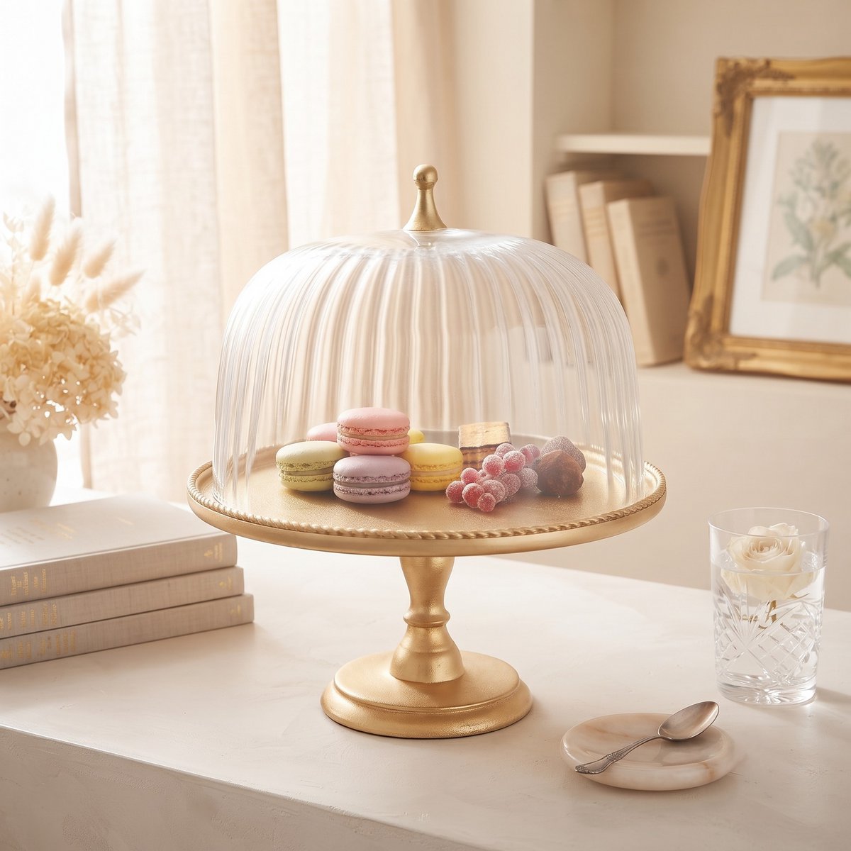 Kuchenform auf Fuß mit transparenter und goldener Glocke