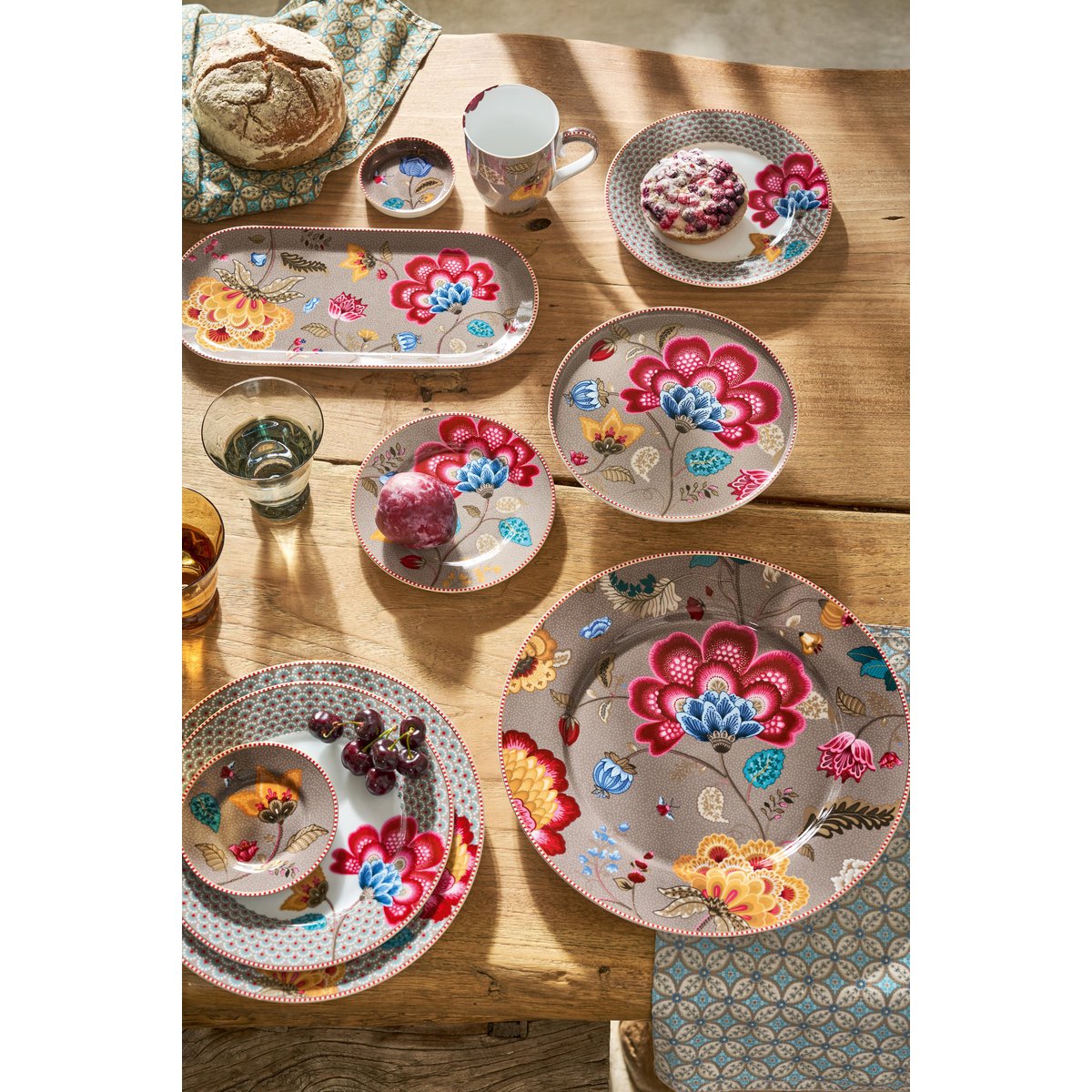 Set/4 Napkins Blooming Tales Bustani Khaki-Blue 40x40cm - Pimis Living