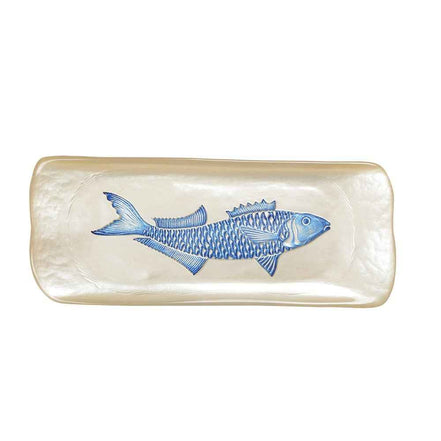 Vanille -Rechteckschale mit blauem Fisch 31.7x12.7x2,5 cm AULICA