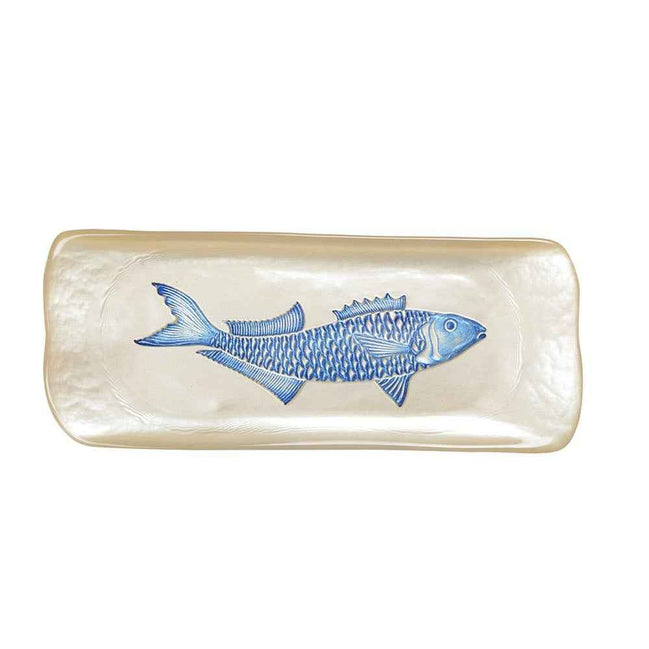 Vanille -Rechteckschale mit blauem Fisch 31.7x12.7x2,5 cm AULICA