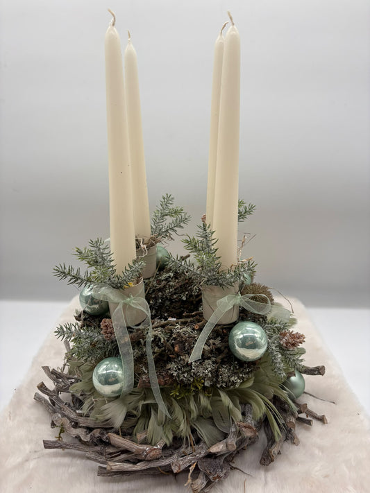 Adventskranz Reben / Moos / Federn mit 4 Kerzen