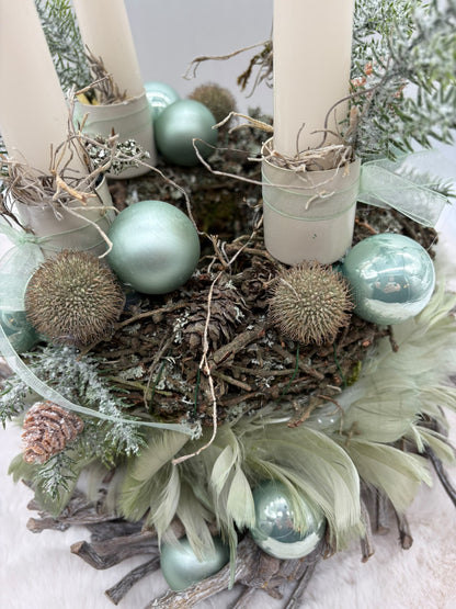 Adventskranz Reben / Moos / Federn mit 4 Kerzen