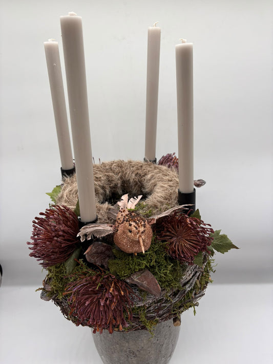 Adventskranz mit Reisig / Echtmoos / Plüsch mit 4 Kerzen