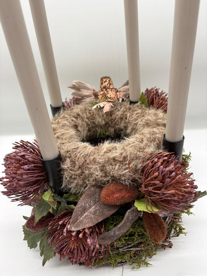 Adventskranz mit Reisig / Echtmoos / Plüsch mit 4 Kerzen