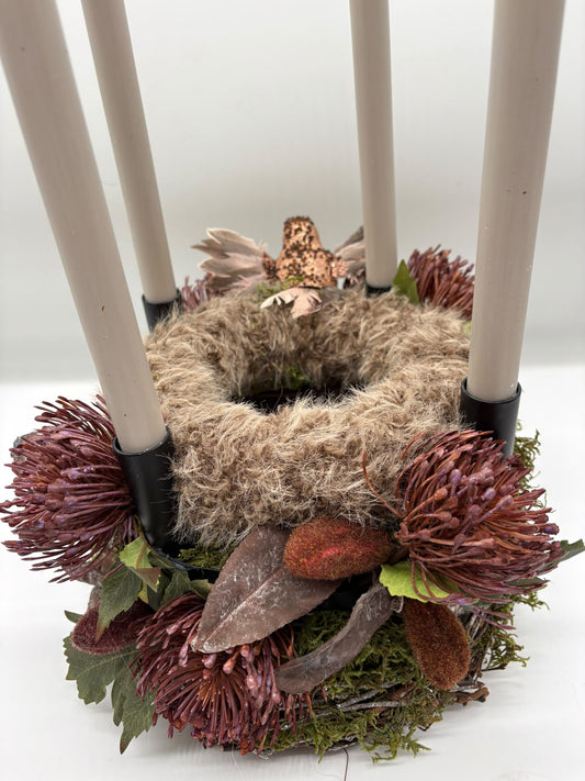 Adventskranz mit Reisig / Echtmoos / Plüsch mit 4 Kerzen