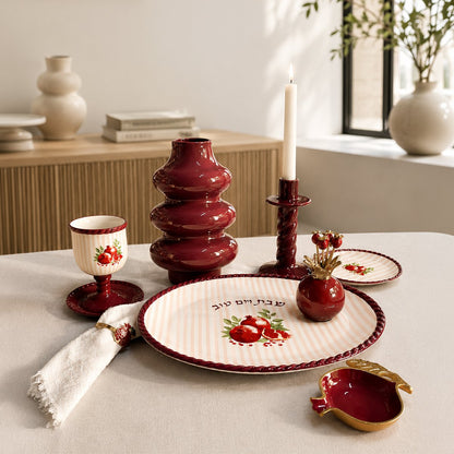 Flache Granatapfelschalen mit burgunderroten Streifen 15x15x2cm - 2er-Set