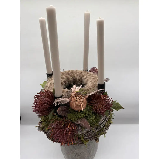Adventskranz mit Reisig / Echtmoos / Plüsch mit 4 Kerzen