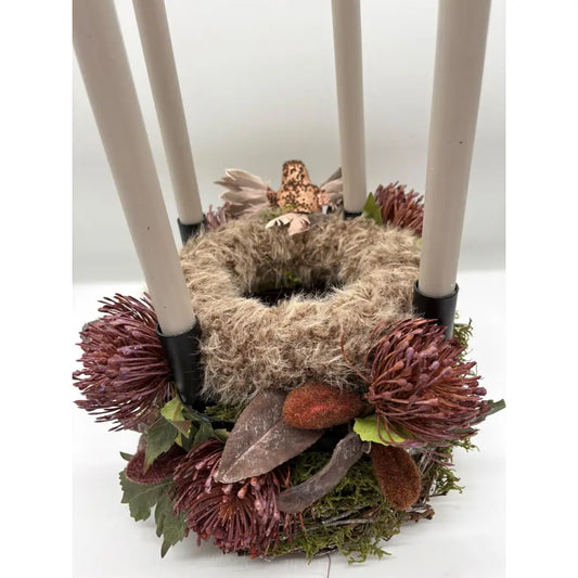 Adventskranz mit Reisig / Echtmoos / Plüsch mit 4 Kerzen