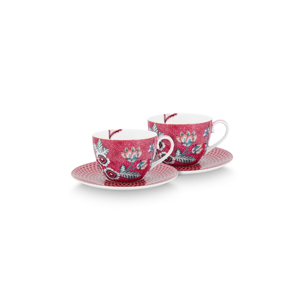 Set/2 Cups & Saucers Flower Festival Dark Pink 280ml - Pimis Living