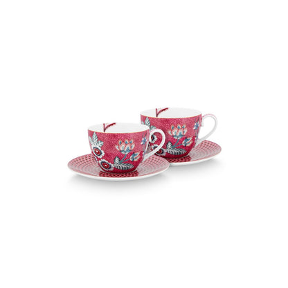 Set/2 Cups & Saucers Flower Festival Dark Pink 280ml - Pimis Living