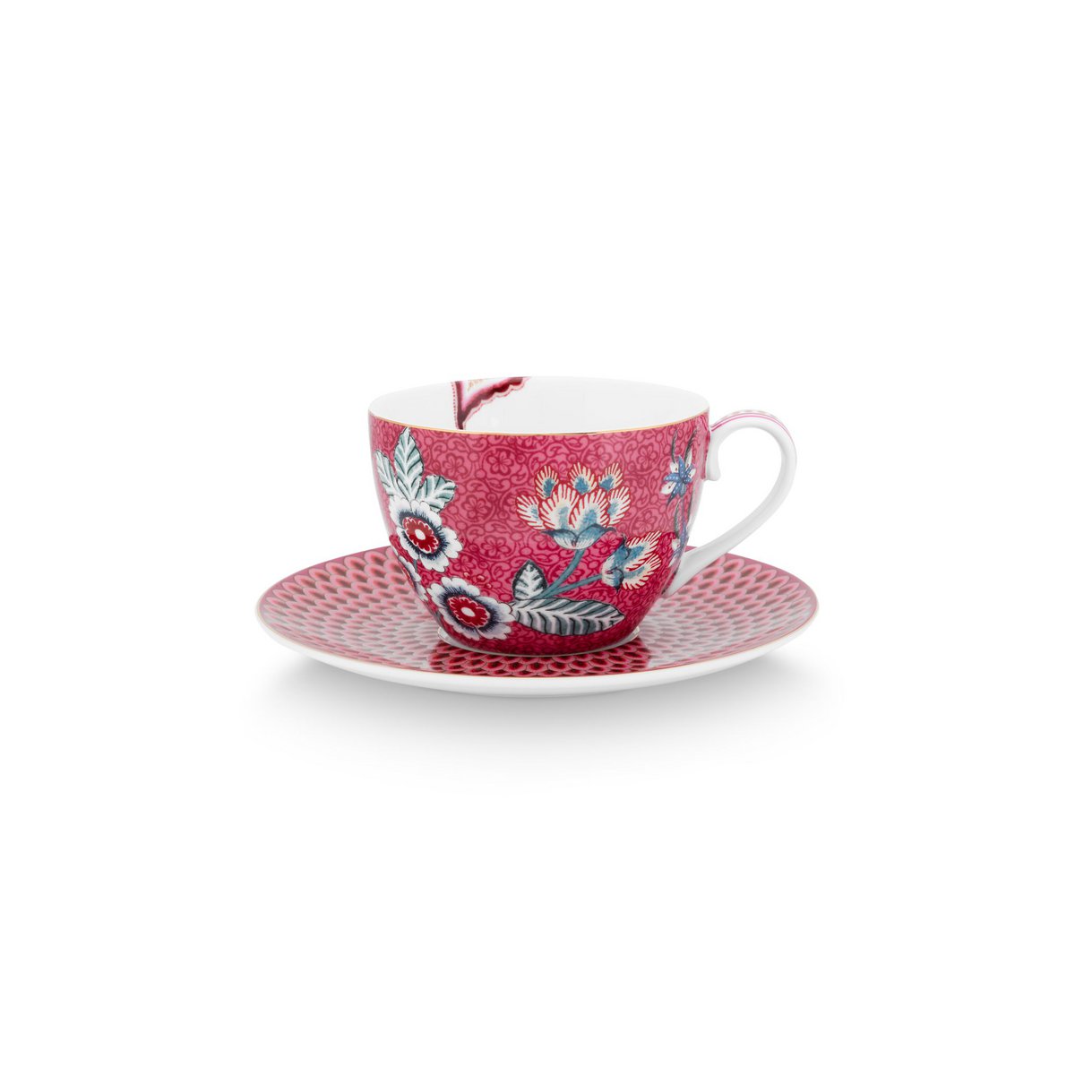 Set/2 Cups & Saucers Flower Festival Dark Pink 280ml - Pimis Living