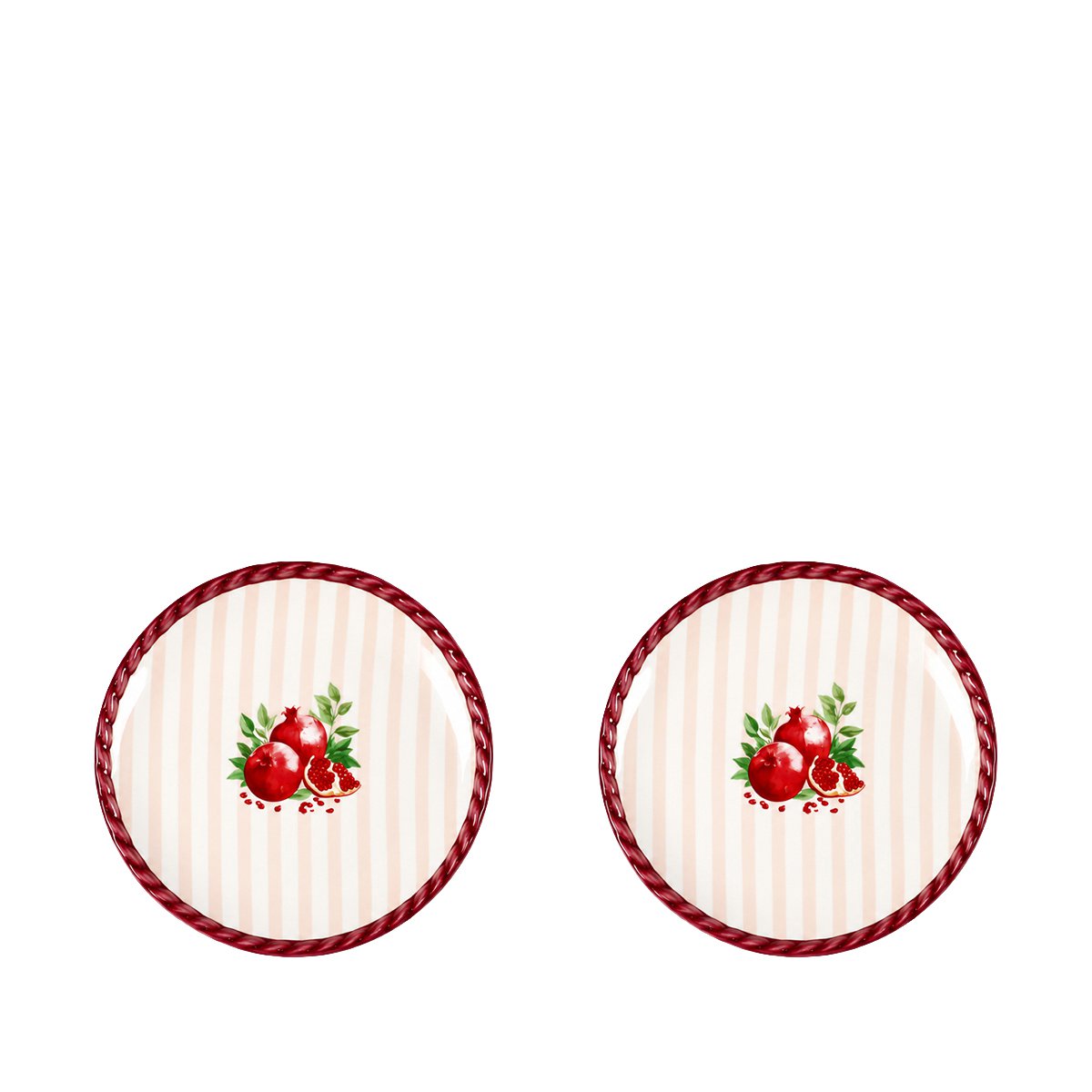 Flache Granatapfelschalen mit burgunderroten Streifen 15x15x2cm - 2er-Set