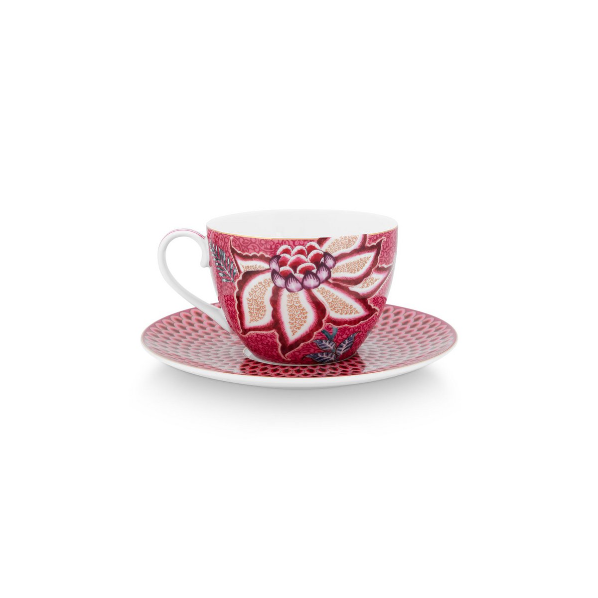 Set/2 Cups & Saucers Flower Festival Dark Pink 280ml - Pimis Living