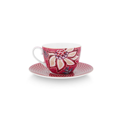 Set/2 Cups & Saucers Flower Festival Dark Pink 280ml - Pimis Living
