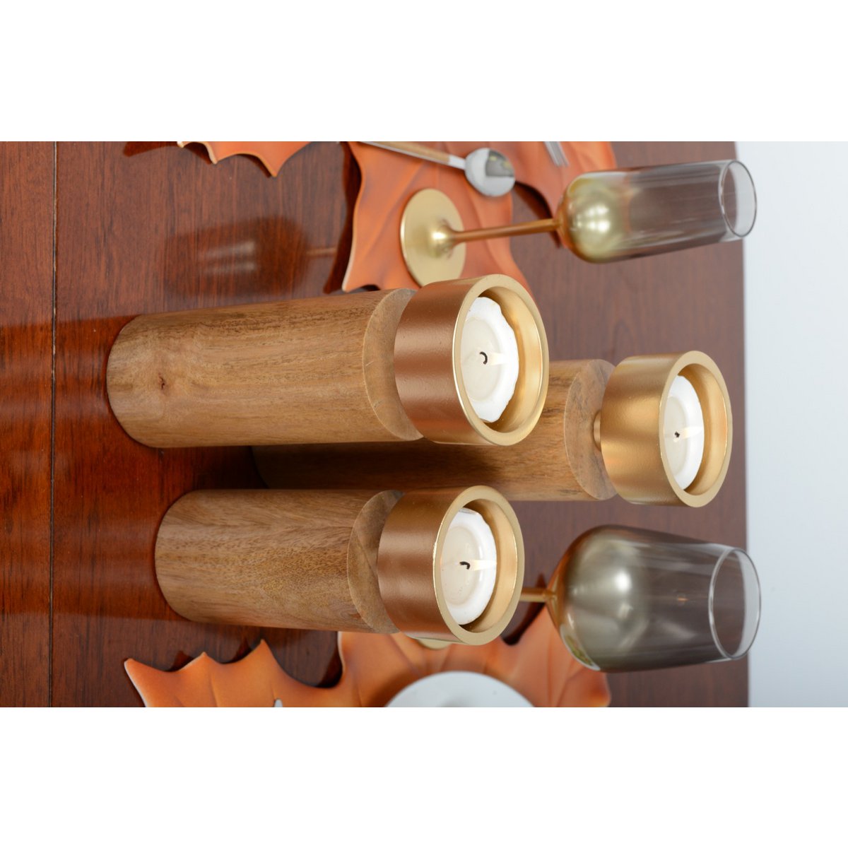 Holz- und goldener Metallkerzenhalter 27 cm - Pimis Living