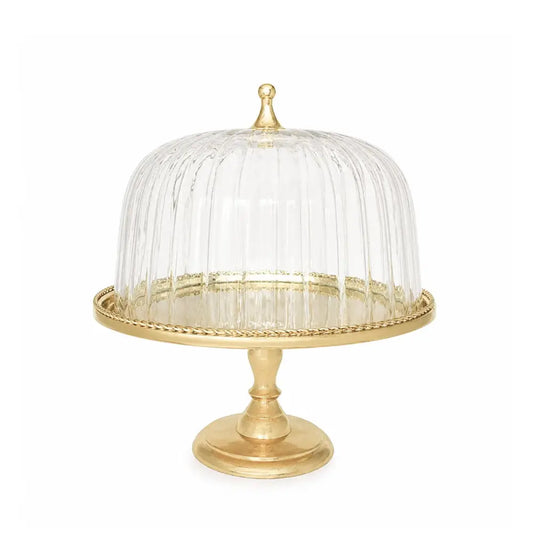 Kuchenform auf Fuß mit transparenter und goldener Glocke