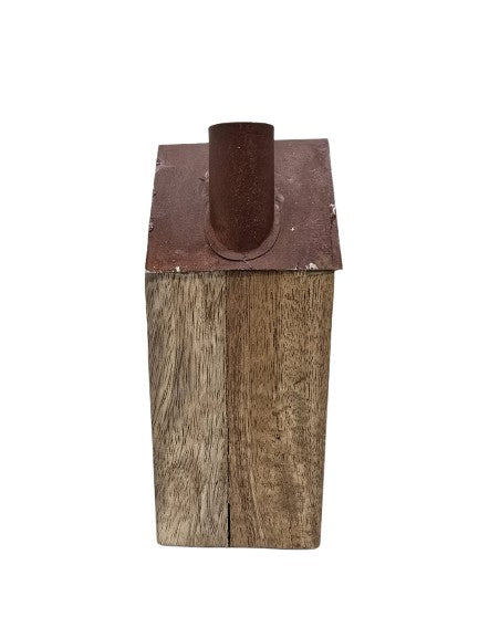 Candlestick/ wooden house with metal roof in rust
