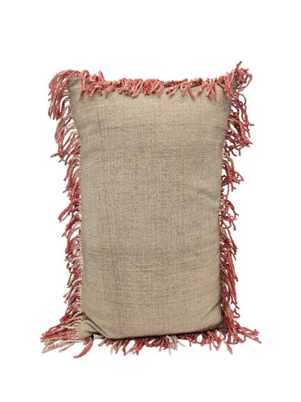 Cojín marrón/beige con flecos en rojo óxido 30x50 cm