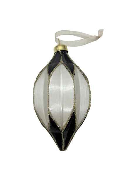 Weihnachtskugel aus Glas schwarz/weiß/gold (Zapfen)