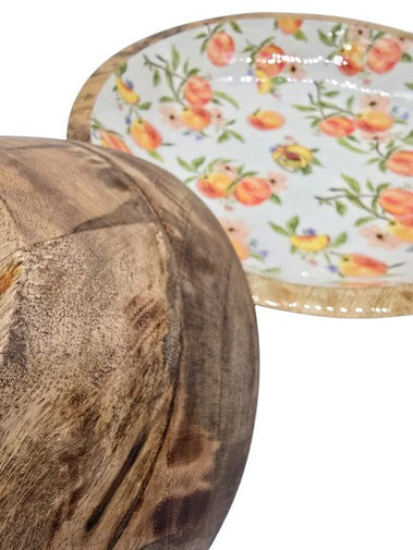 Schale aus Mangoholz innen glasiert mit Pfirsichmotiv