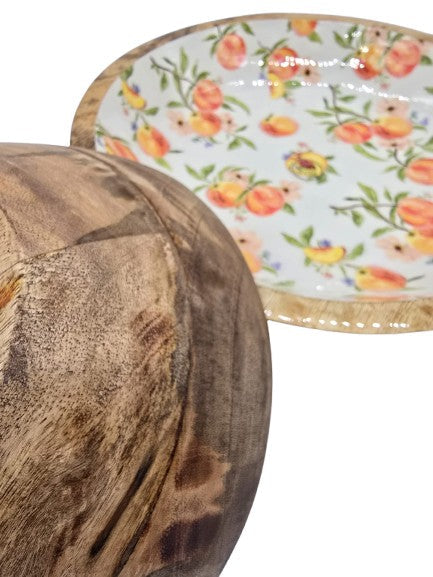 Schale aus Mangoholz innen glasiert mit Pfirsichmotiv
