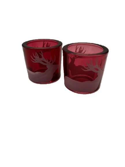 Windlicht aus Glas in Rot mit Hirschmotiv in weiß