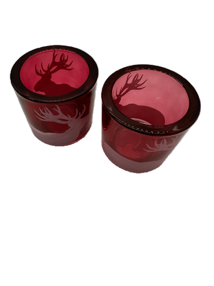 Windlicht aus Glas in Rot mit Hirschmotiv in weiß
