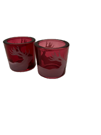 Windlicht aus Glas in Rot mit Hirschmotiv in weiß